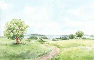 Watercolor Countryside Landscape Background Pastoral Meadow Nature Soft Scenic Rural Illustration © Zenina-Lembrik
