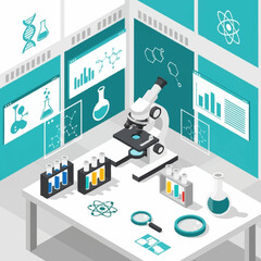 Obraz premium Isometric science lab illustration with microscope, test tubes, and chemical formulas on screens.