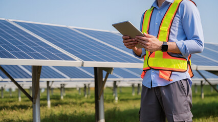 solar panel installation, A technician stands near solar panels, The worker uses a digital tablet, A specialist monitors the system, Data is checked on a screen, Maintenance is performed outdoors © Jakub