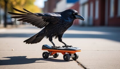 Fototapeta premium A black raven is balancing on a small skateboard on the sidewalk. The raven's wings are spread wide as it adjusts on the skateboard in an urban area.