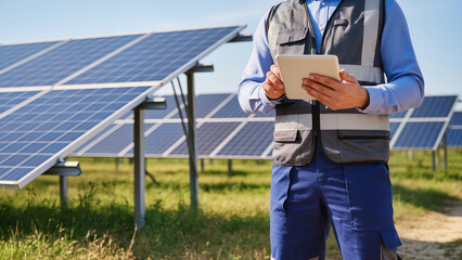 man with solar panel, Technology meets the environment, The person inspects the equipment, A tablet helps monitor data, The scene shows industrial growth, A modern device tracks efficiency © Jakub