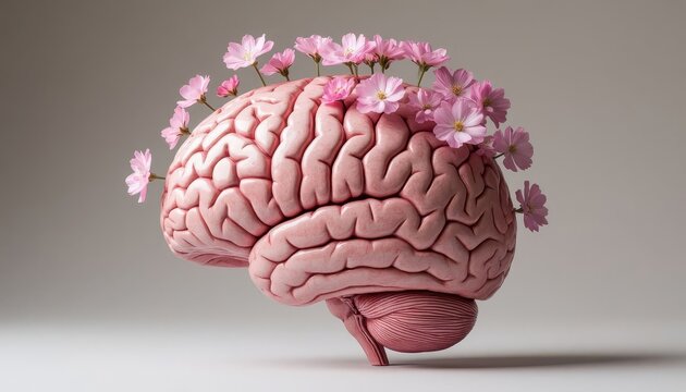 A brain model displays pink details with delicate flowers adorning its surface. The brain symbolizes creativity, while the flowers represent beauty and nature.