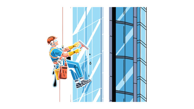 Window Washer Scaling Building: A window washer is suspended from a high-rise, meticulously cleaning the glass exterior of a modern building, showcasing skill and dedication.