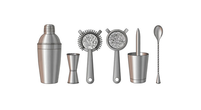 Illustration of bartending tools and equipment for mixing drinks on a white background, representing expertise in bartending.