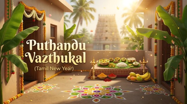 Puthandu vazthukal tamil new year festival decorations with flowers and fruits outdoors