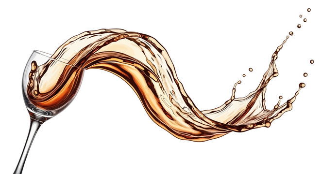 Vector illustration of a wine glass pouring a flowing splash of brown liquid on a white background, symbolizing expertise in mixing drinks for World Bartender Day.