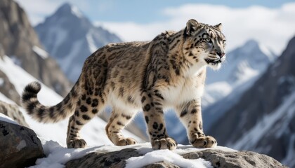 Obraz premium A snow leopard is walking gracefully across rocky terrain. The snow leopard appears poised against a backdrop of majestic mountains and clear blue skies.