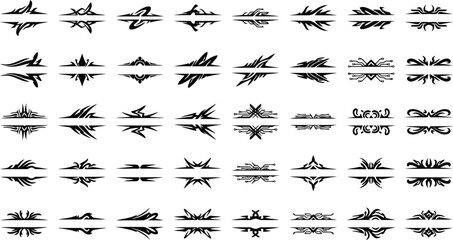 Fototapeta premium Assortment of 50 Abstract Geometric and Tribal Decorative Borders Keywords: abstract, geometric, tribal, decorative, border, divider, design, element, graphic, symmetrical, sharp, angular, modern