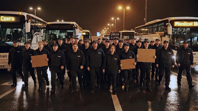 Nighttime bus drivers protest in rain, drivers and union stewards stand before lined buses on wet asphalt holding cardboard signs, headlights reflecting on pavement, tense urban atmosphere,