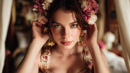 Fototapeta premium Elegant young woman adorned with flowers and ornate earrings portrait