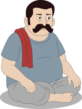  2D Cartoon Overweight Indian Man Sitting on Floor Vector Illustration