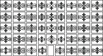Grid of black decorative filigree squares and fleur de lis motifs on a white background ornamental pattern © Muhammad