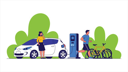 Naklejka premium Woman Charging Electric Car – Electric Vehicle at Recharging Station, Flat Vector Illustration