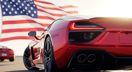 Naklejka premium Luxury sports car with American flag background