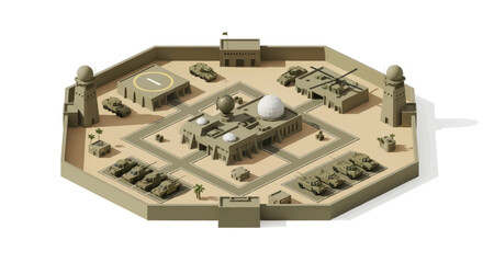 Aerial view of a military base with various buildings, tanks, and aircraft, showcasing a central command center with a large dome, surrounded by defensive structures and vehicles on a beige © DIAHIMAGESNEW