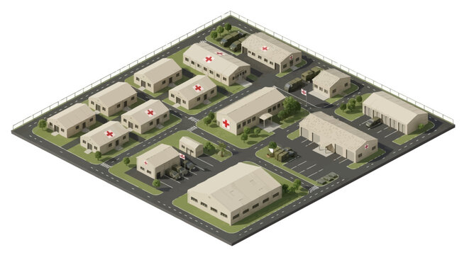 Isometric view of a military base with various buildings and a tank, surrounded by greenery and roads on a clean white background.