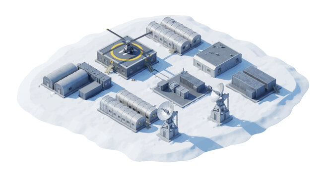 Isometric illustration of a military base with various buildings, a helicopter, and tanks on a snowy terrain with a design transportation concept.