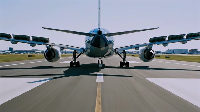 Aircraft landing on runway rear view, flaps deploying during touchdown, jet slowing with tire smoke, pilot control precision, airport environment, deceleration phase, transport safety concept