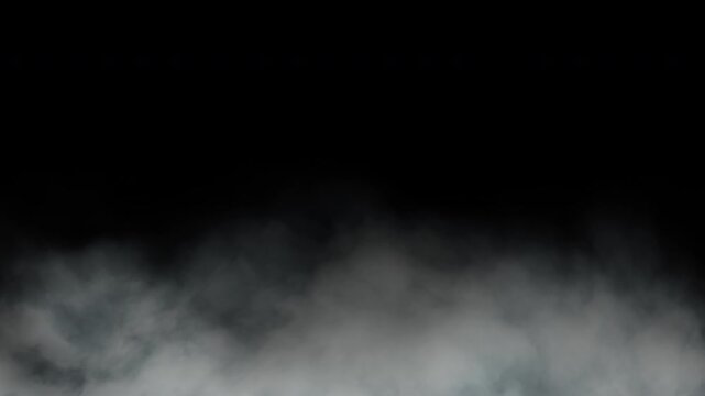 White cinematic fog floats above the ground against a black background. Seamless looping video.