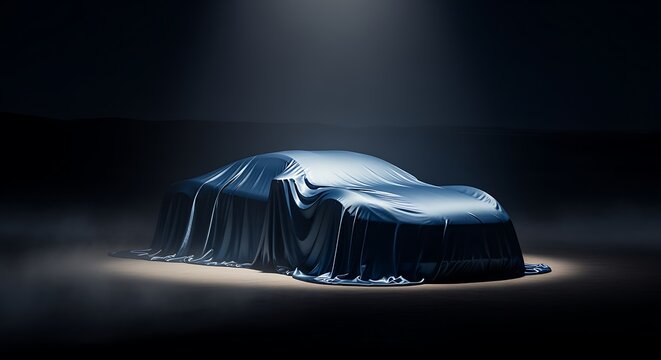 Car covered with a shiny blue cloth in a dark room with spotlight, new vehicle reveal concept