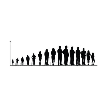 Silhouettes of people of varying heights standing in a line graph format illustrating size comparison and diversity against white backdrop
