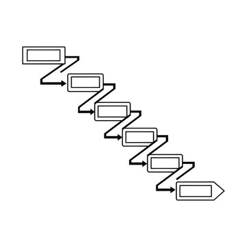 Descending staircase diagram vector illustrating sequential steps downward with empty rectangular frames and arrow pointers for process decline hierarchy levels or stages in organizational structure