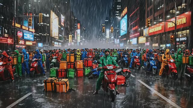 Delivery riders protest in city street during rain, workers blocking traffic with scooters and bags, demanding fair pay, labor rights conflict, urban tension, gig economy crisis and resistance concept