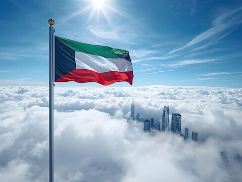 Kuwait flag waving above clouds, city skyline below