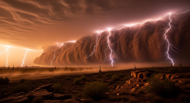 A dramatic stormy landscape with lightning illuminating the dark sky and rolling thunderheads
