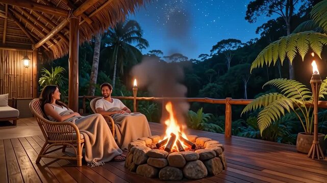 Couple relaxes near glowing fire pit under starry night sky. Warm light reflects off wooden deck and tropical ferns. Scene evokes calm