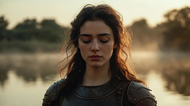 Female warrior in armor, realistic style, standing by misty lakeside at sunrise, concept of strength and courage