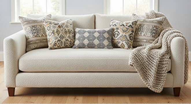 Cream Boucle Sofa with Decorative Geometric Pillows and Knit Throw in a Well-Lit Living Space