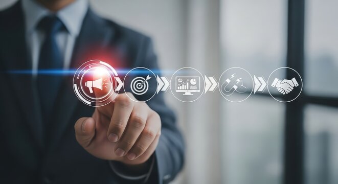 Businessman touching digital marketing funnel on a virtual screen aspect ratio 16-9