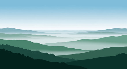 Fototapeta premium Panoramic view of layered mountain ranges in shades of green and blue