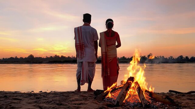 Assamese Couple in Traditional Attire Celebrating Bihu at Sunset