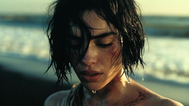 Close-up of injured woman on a beach in dramatic photographic style against ocean backdrop, evoking resilience