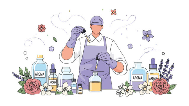Artisan's Fragrant Elixir: An artisan carefully crafts a fragrant elixir by precisely measuring aromatic oils with a dropper, surrounded by bottles of various scents and floral elements