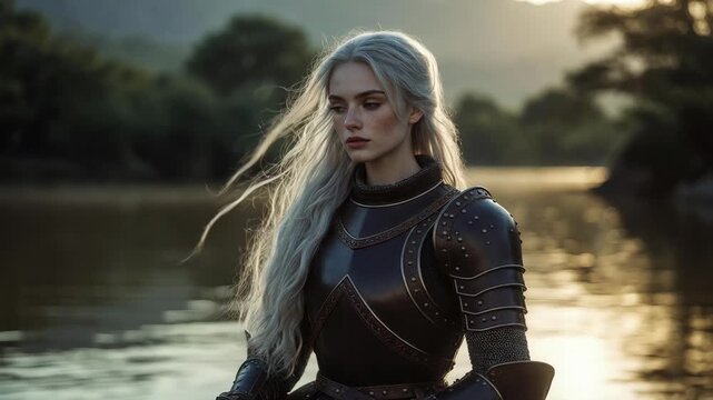 A silver-haired warrior woman in detailed armor in a realistic style, standing near calm water at sunset, evoking fantasy