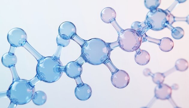 molecular structures, showcasing molecules connected in a chain. The detailed representation highlights intricate bonds and spheres of the molecules.