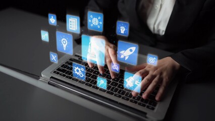 Fototapeta premium Innovation icons show creativity, teamwork, and project development. Innovation helps organizations design solutions, build strategy, and grow with new business opportunities. Funnel