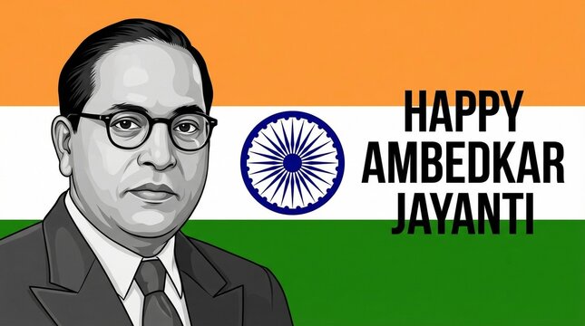 A black and white sketch of Dr. B.R. Ambedkar with "Happy Ambedkar Jayanti" text and the Indian flag