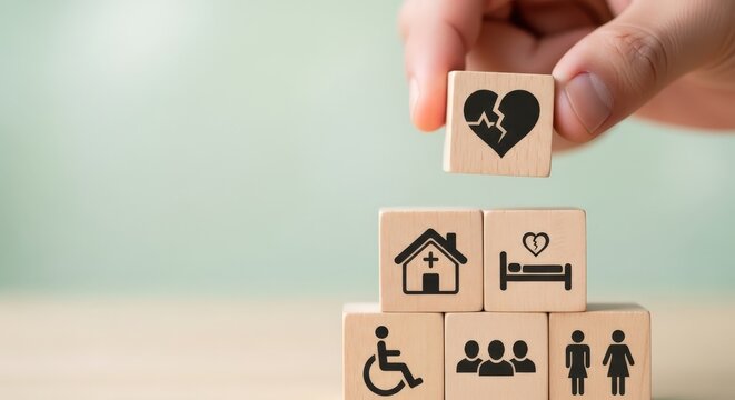 Hand placing wooden block with broken heart on healthcare stack aspect ratio 16-9