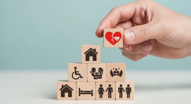 Hand placing wooden block with broken heart on stack aspect ratio 16 9