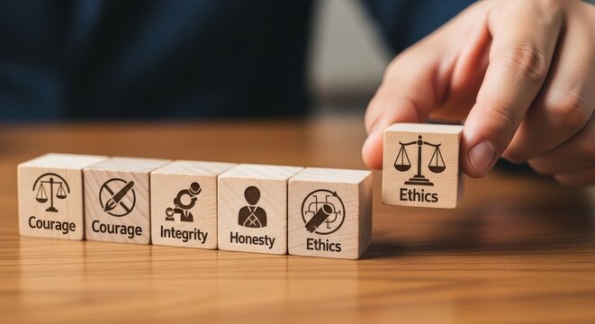 Hand placing wooden block with ethics and scale symbol aspect ratio 16 9