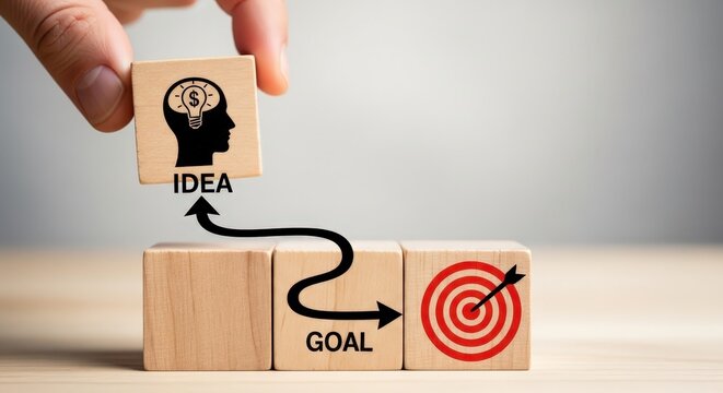 Hand placing wooden block with idea above goal target aspect ratio 16-9