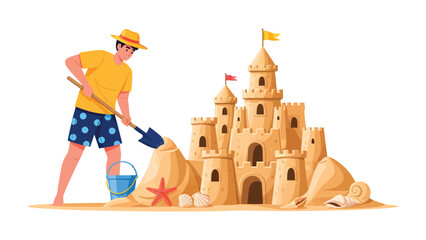 Coastal Castle Creation: A sun-kissed individual meticulously sculpts a sandcastle, complete with turrets and flags, on a sandy shore, encapsulating the essence of a carefree vacation. © hafs121