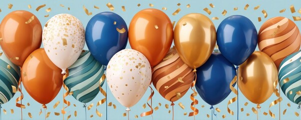 Naklejka premium Blue and gold balloons with confetti and ribbons for birthday celebration and party decoration