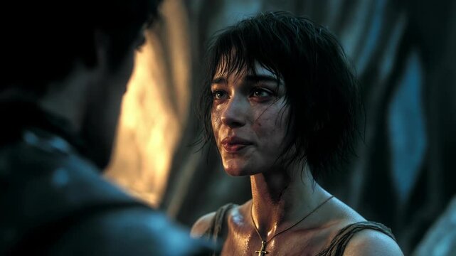 A distressed woman with wet face in realistic dramatic style against soft blurred light background, concept of resilience