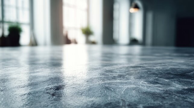 Close-Up View of a Polished Stone Surface Reflecting Natural Light in a Modern Interior Space with Greenery and Soft Lighting