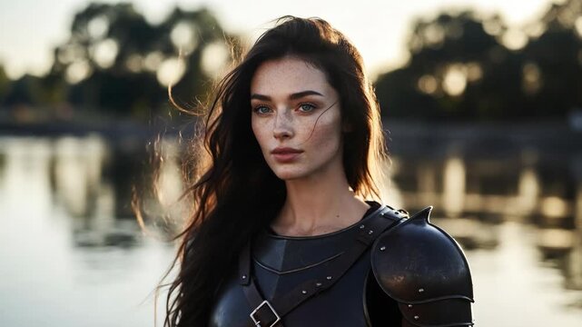 Woman in medieval armor in realistic style against a lakeside sunset background, concept of strength and resilience